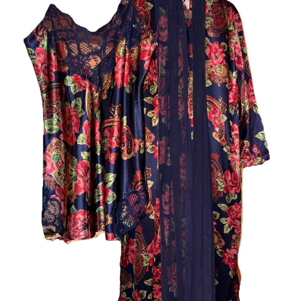 Vintage Victoria's Secret Gold Label Vintage Black Satin Paisley Chiffon Robe M